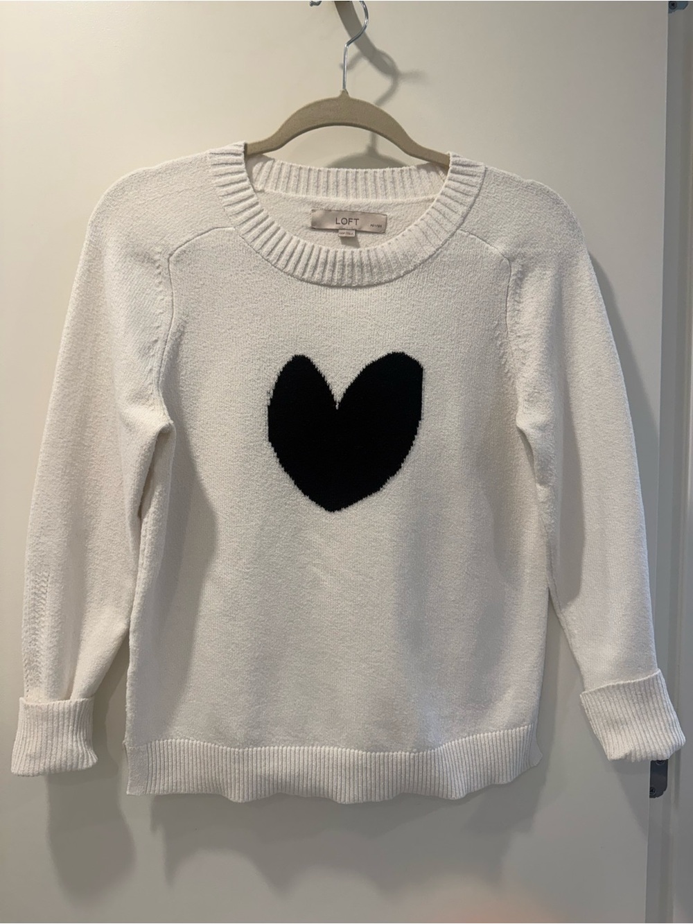 LOFT White Crewneck Sweater with Black Heart Motif